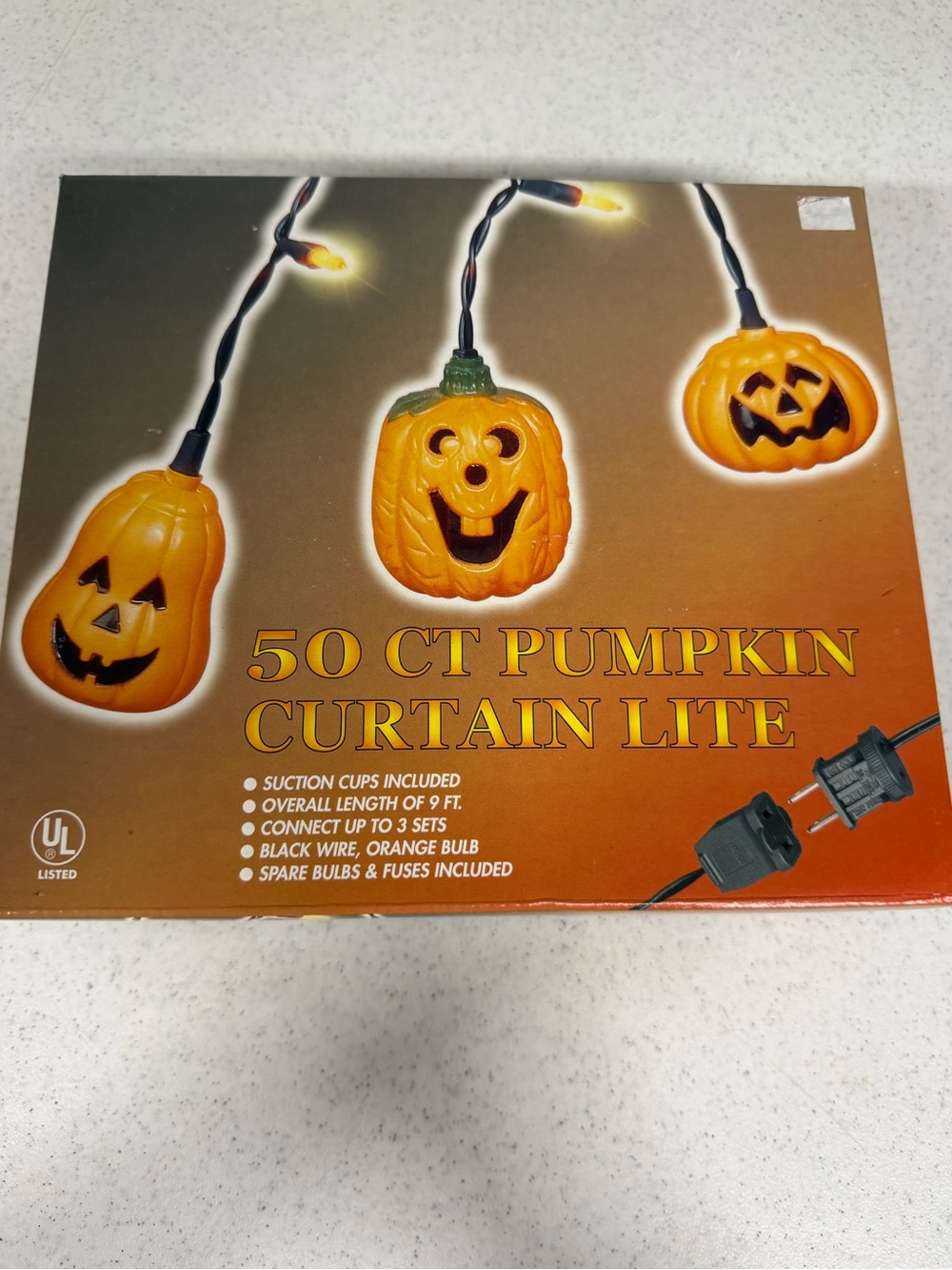 Vintage Halloween Jack O Lantern Pumpkin String Lights 9ft Curtain Lite 50 CT